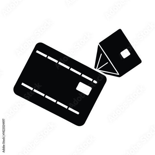 Silhouette of a credit card transforming into a chip on white background