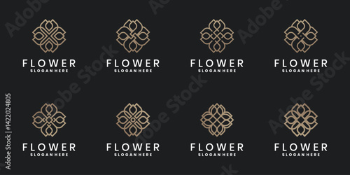 Elegant flower logo collection with floral line art in gold