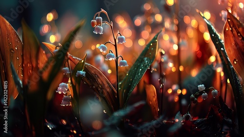 Beautiful Lily of the Valley Flowers with Bokeh Effect and Raindrops at Sunset