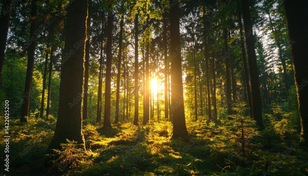 Obraz premium Sunlight filtering through forest canopy (1)