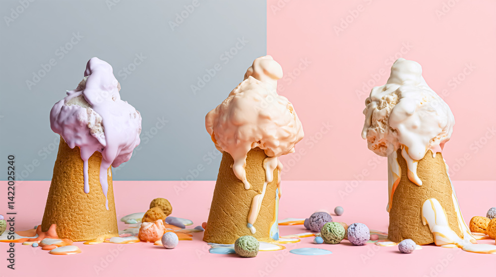 Obraz premium Ice cream colorful cone casual. Background texture pattern. Generated by Ai