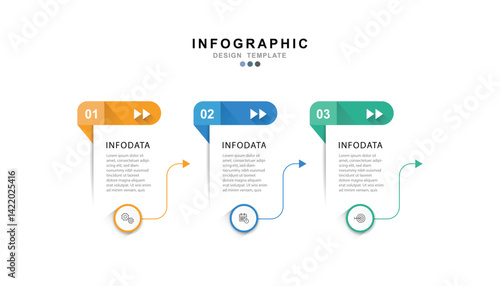 Modern template infographic with 3 step process and icons can be used for workflow, business information, presentation and data visualization