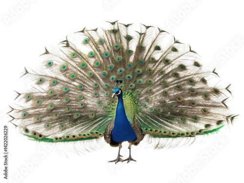 Vibrant peacock displaying its colorful feathers in a striking spread under bright daylight in a natural setting