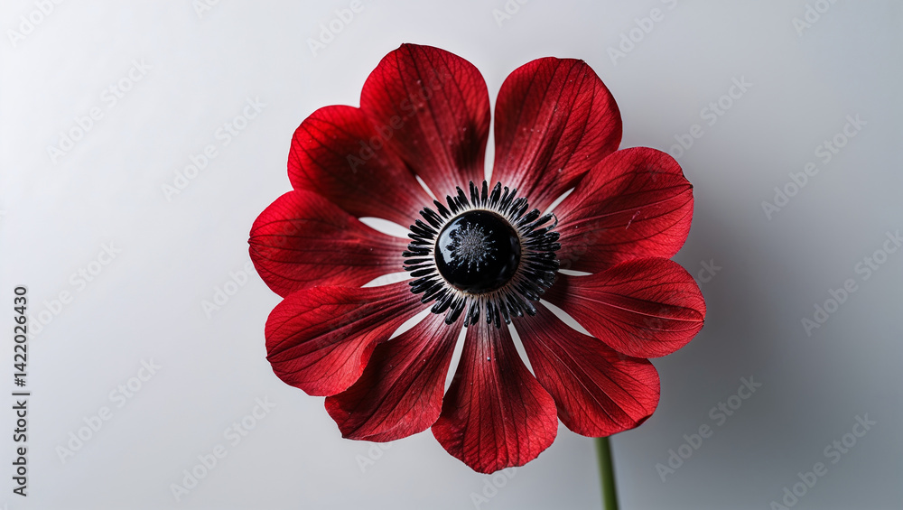 Fototapeta premium Close Up Vibrant Red Anemone Flower With Black Center Against Clean White Background
