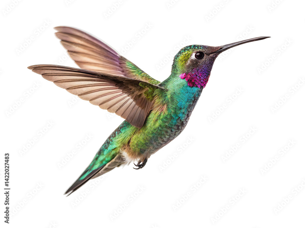 Fototapeta premium Colorful hummingbird hovering in mid-air with vibrant feathers against a plain background