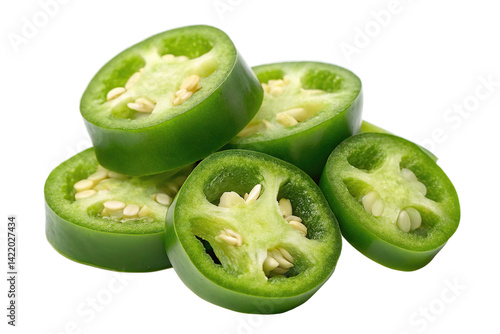 Fresh green jalapeno slices arranged neatly showcasing their vibrant color and unique texture in a bright setting