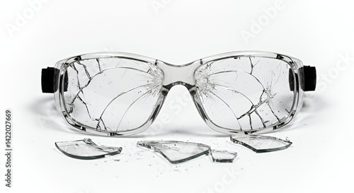 Shattered Safety Glasses with Cracked Lens on White Background