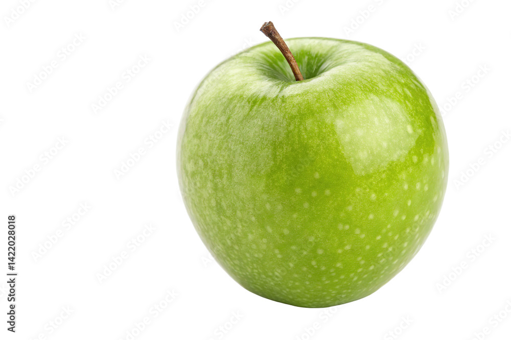 Fresh green apple stands out with its shiny surface and vibrant color against a plain white background Fresh green apple stands out with its shiny surface and vibrant color against a plain white background