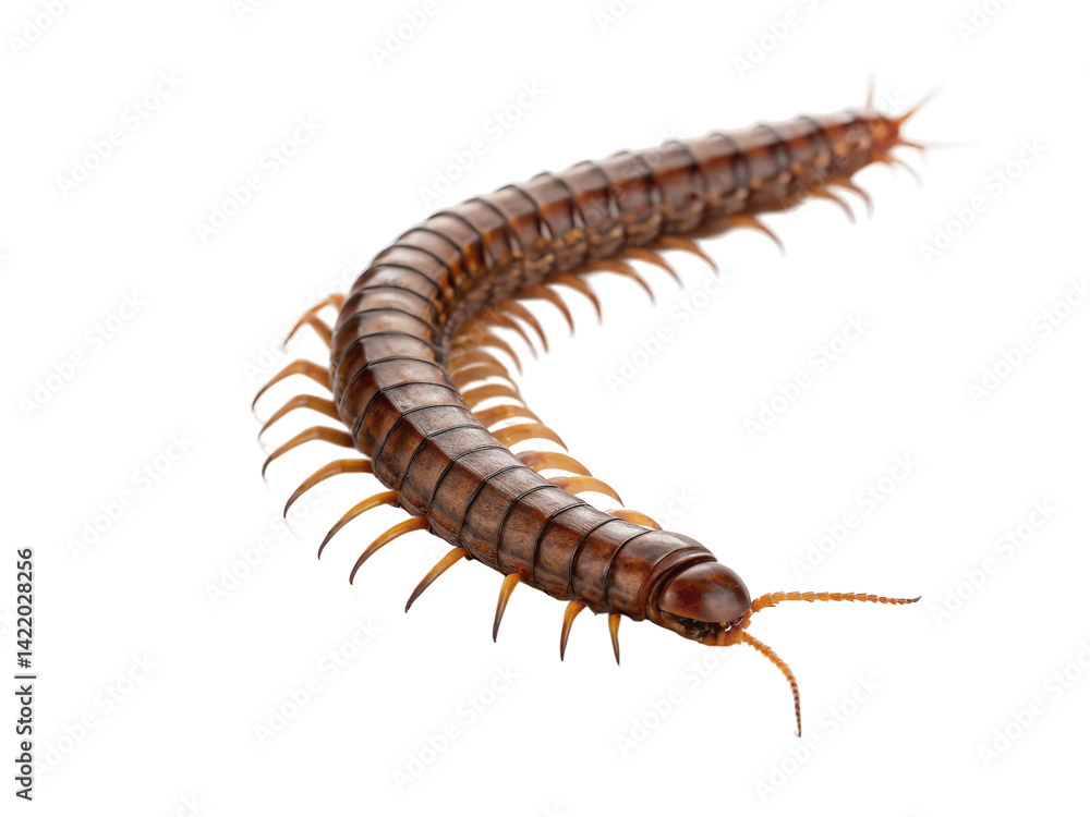 Detailed view of a millipede showcasing its segmented body and numerous legs Detailed view of a millipede showcasing its segmented body and numerous legs