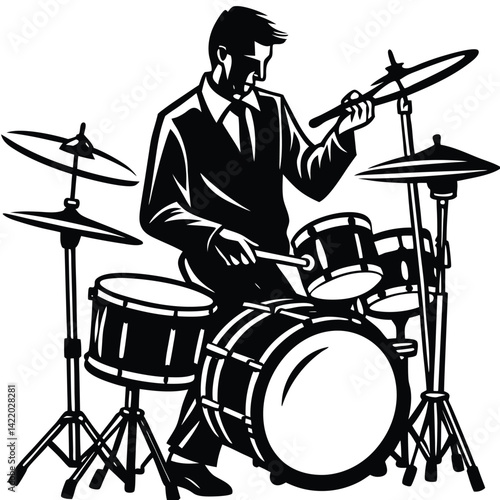 Black and White Drummer Illustration Set,
Hand-Drawn Drummer Silhouette Playing Drums,
Stylish Drummer Clipart with Drum Kit.