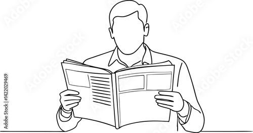 Minimalist Line Art Faceless Man Reading Newspaper at Table, News Publication Outlined