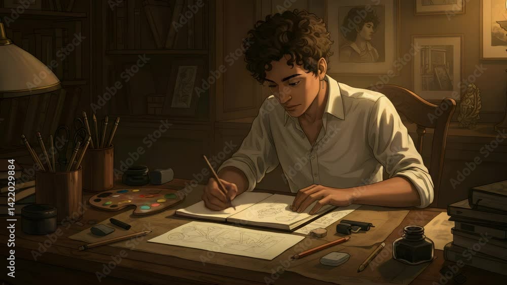 Young Artist Sketching Designs at Wooden Desk in Studio, Artistic Pursuits Young Artist Sketching Designs at Wooden Desk in Studio, Artistic Pursuits