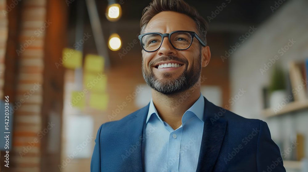 Smiling Businessman in Blue Blazer and Glasses Looking Upward in Modern Office Smiling Businessman in Blue Blazer and Glasses Looking Upward in Modern Office