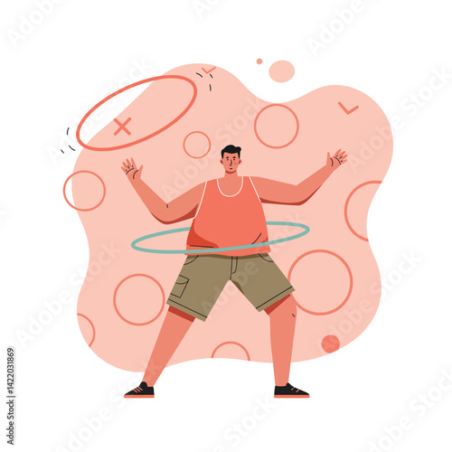 Man exercising with colorful hula hoops on orange background in fitness activity session 