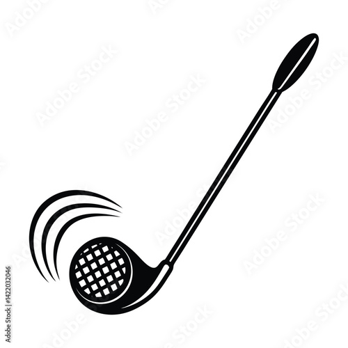 A close-up of a golf club hitting a ball on white background