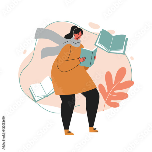 Woman Reading Books Outdoors in Autumn Wearing Orange Coat and Gray Scarf Surrounded by Falling Leaves and Open Books 
