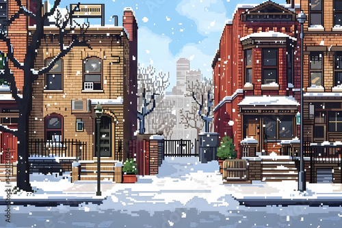 Snowy City Street Scene with Brownstone Houses