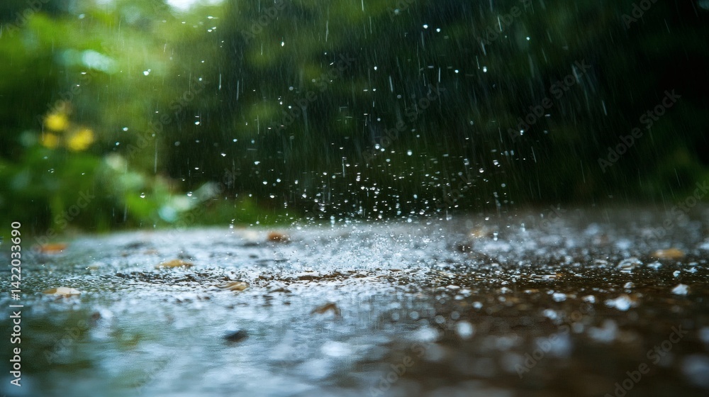 Fototapeta premium Rain falling on ground, garden background, nature scene, weather image