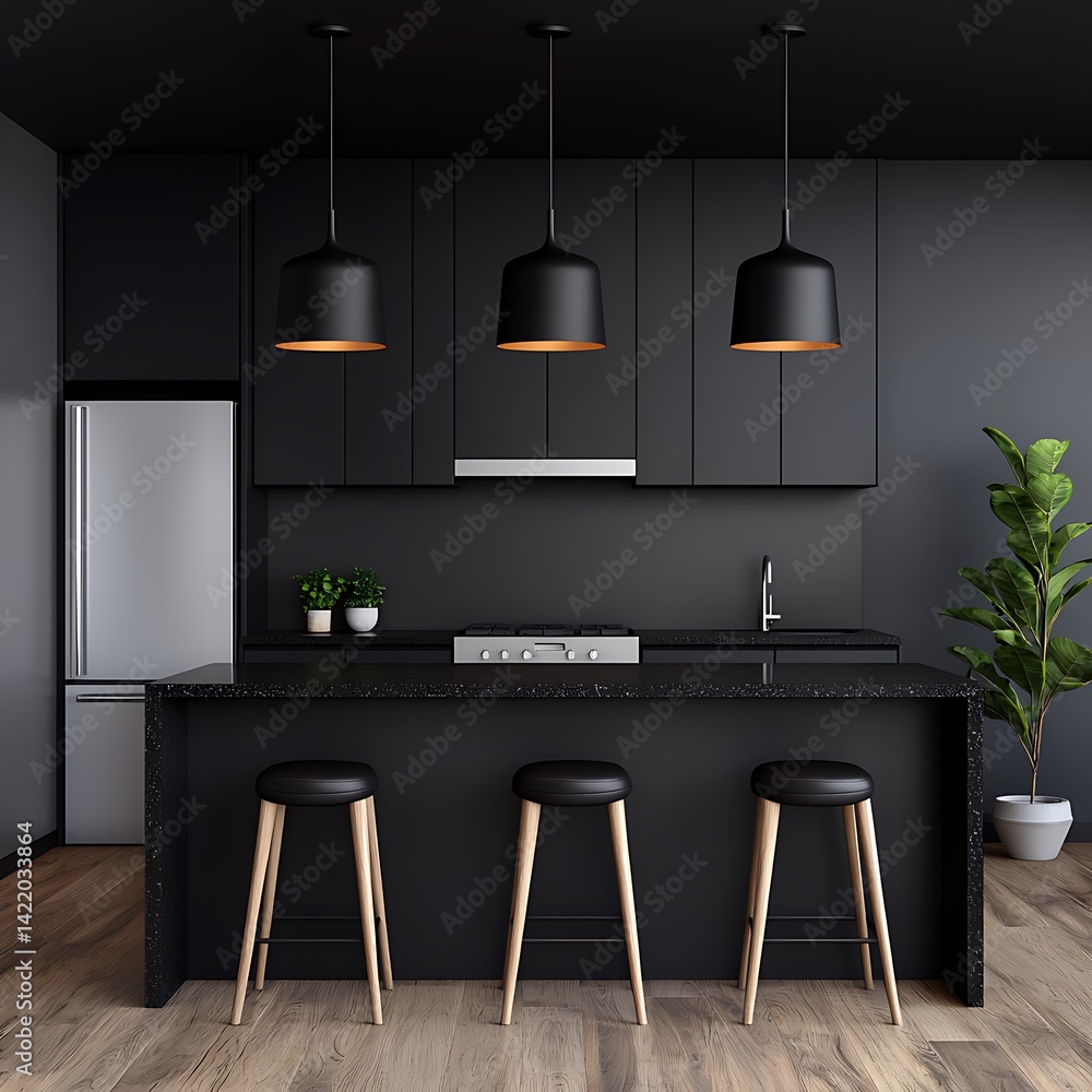 Sleek and modern kitchen design with dark cabinets, pendant lighting, island, and stylish stools for contemporary home living.