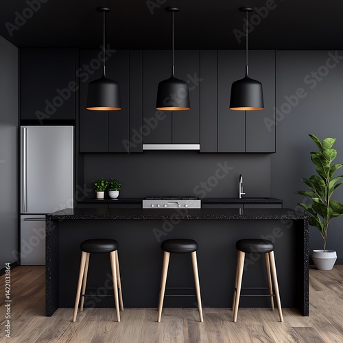 Obraz na płótnie Sleek and modern kitchen design with dark cabinets, pendant lighting, island, and stylish stools for contemporary home living. w salonie