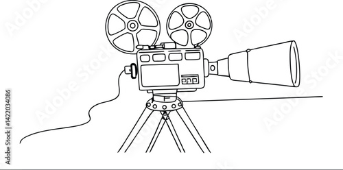 Outlined Vintage Film Camera on Tripod, Line Art Design, Isolated on White Backdrop