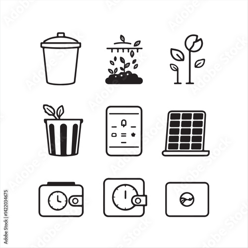 Design a black and white vector icon set for eco technology and sustainable living.  The icons depict a smart composting bin, urban farming, carbon tracker app, solar panel dashboard, and eco-wallet. 