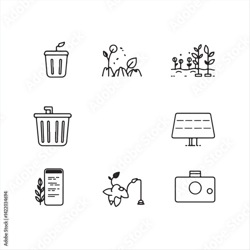 A timeless and elegant black and white vector icon set for eco-technology and sustainable living.  Icons include a smart composting bin, urban farm, carbon tracker app, solar panel dashboard