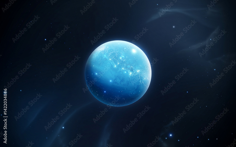 Fototapeta premium Blue Planet Floating In Deep Space Filled With Stars And Nebulae