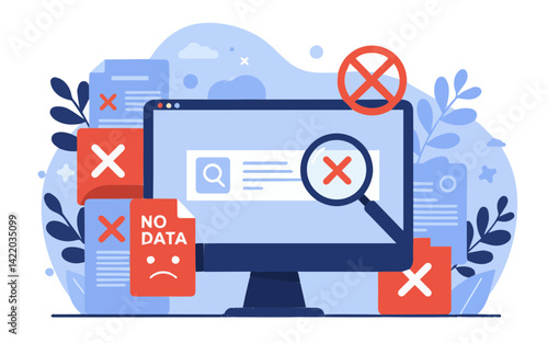 Monitor with a magnifying glass over an "X," "NO DATA" document, representing SEO error or no search results