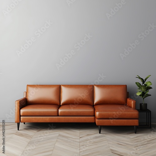 Obraz na płótnie Stylish interior design featuring a comfortable brown couch, greenery, and herringbone wood floor against a solid wall. w salonie