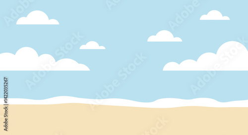 Minimalist vector illustration of a sunny beach with blue sky and fluffy white clouds over a calm ocean, creating a serene and peaceful summer vacation vibe