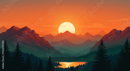 Mountain peak view landscape with sunrise soft light. Flat 2d vector illustration background
