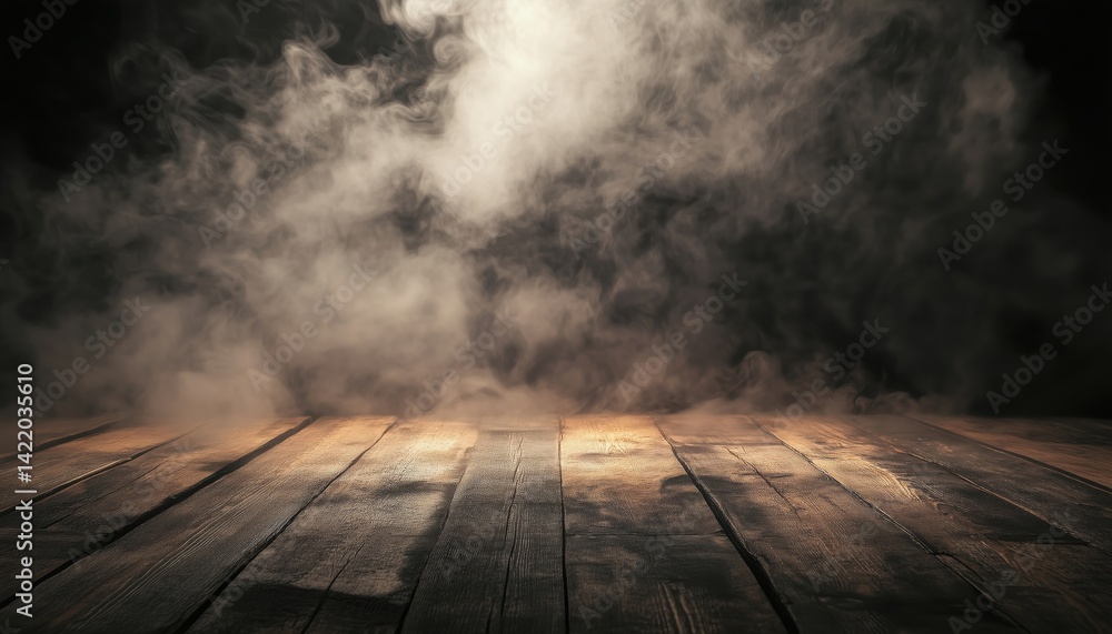 Abstract Halloween Backdrop: Mist And Smoke On Wooden Table, Creating A Foggy Darkness With A Defocused And Eerie Atmosphere. Abstract Halloween Backdrop: Mist And Smoke On Wooden Table, Creating A Foggy Darkness With A Defocused And Eerie Atmosphere.