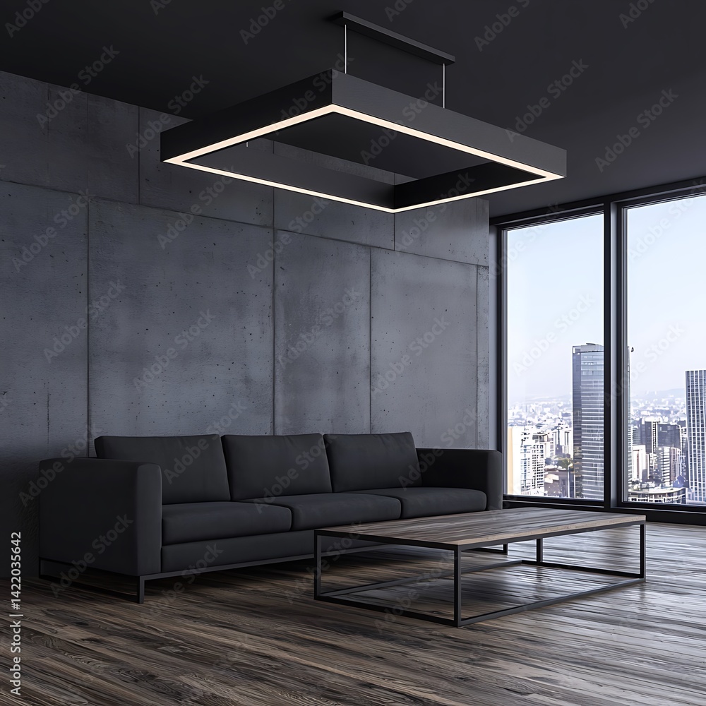 Modern Living Room Interior with Concrete Wall, Large Windows, and Contemporary Lighting Design for a Cozy and Stylish Space.