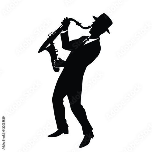 A silhouetted figure of a jazz saxophonist playing passionately, 
