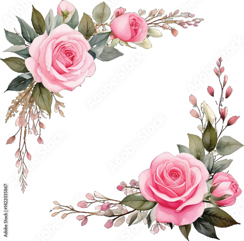 Charming pink rose and floral corner illustration with soft greenery and delicate blooms. Soft and elegant pink rose corner frame with leave, small pink blossoms. Watercolor frame beautiful pink roses