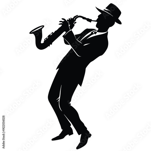 A silhouetted figure of a jazz saxophonist playing passionately, 