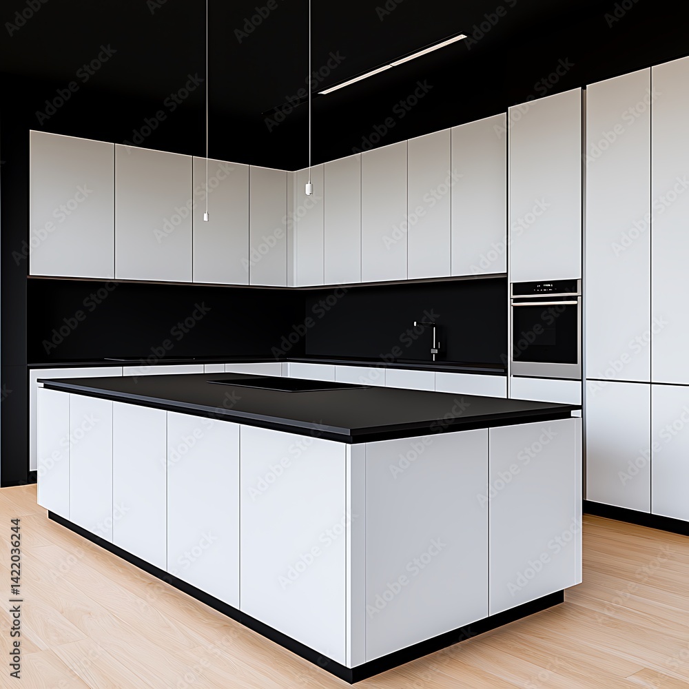 Modern Kitchen Interior Design with Sleek White Cabinets, Black Accents and Island Counter, Minimalist Aesthetic