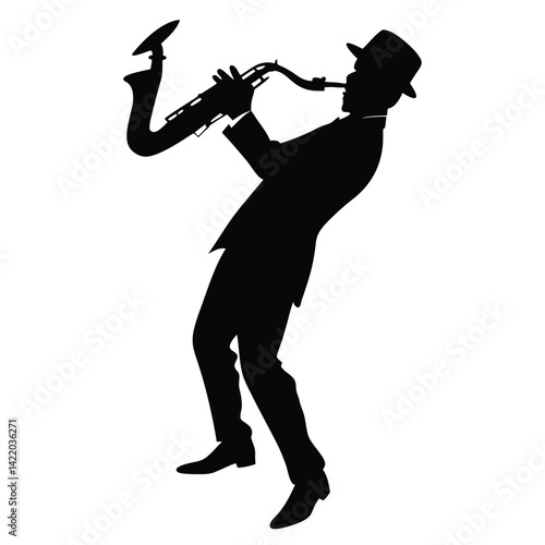 A silhouetted figure of a jazz saxophonist playing passionately, 