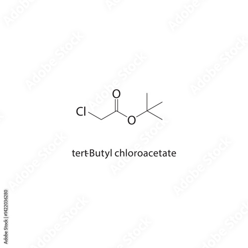 tert-Butyl chloroacetate skeletal structure. Ester compound schematic illustration. Simple diagram, chemical formula.
