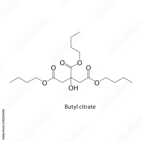Butyl citrate skeletal structure. Ester compound schematic illustration. Simple diagram, chemical formula.