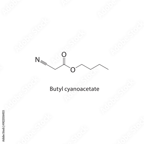 Butyl cyanoacetate skeletal structure. Nitrile compound schematic illustration. Simple diagram, chemical formula.