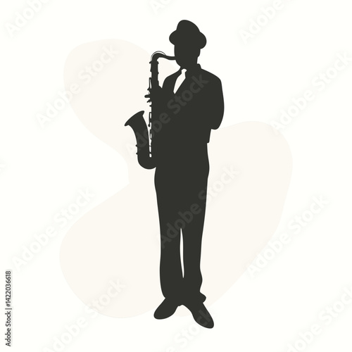 A silhouetted figure of a jazz saxophonist playing passionately, 