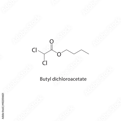 Butyl dichloroacetate skeletal structure. Ester compound schematic illustration. Simple diagram, chemical formula.