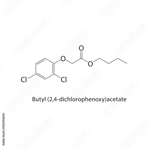 Butyl (2,4-dichlorophenoxy) acetate skeletal structure. Ester compound schematic illustration. Simple diagram, chemical formula.