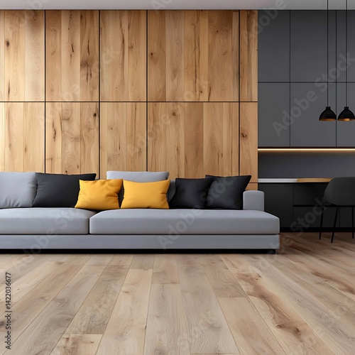 Modern Living Room Interior Design: Light Gray Sofa, Wooden Wall Panels, and Black Accents for a Stylish Home.