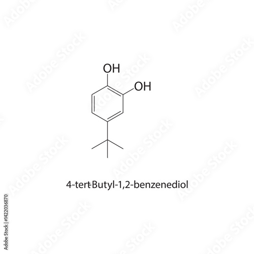 4-tert-Butyl-1,2-benzenediol skeletal structure. Phenol compound schematic illustration. Simple diagram, chemical formula.
