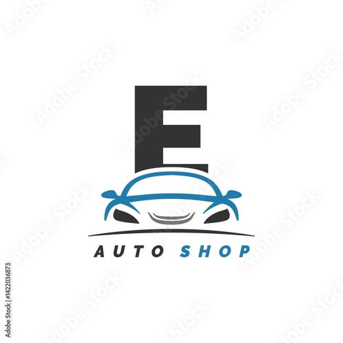 letter E logo auto mechanic with car design. Alphabet E automotive car style icon