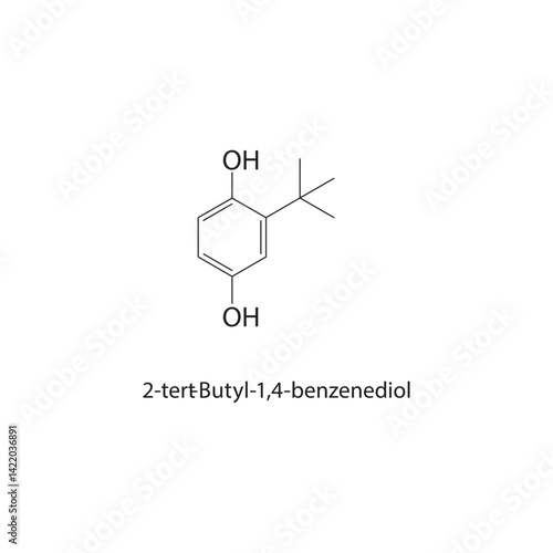 2-tert-Butyl-1,4-benzenediol skeletal structure. Phenol compound schematic illustration. Simple diagram, chemical formula.