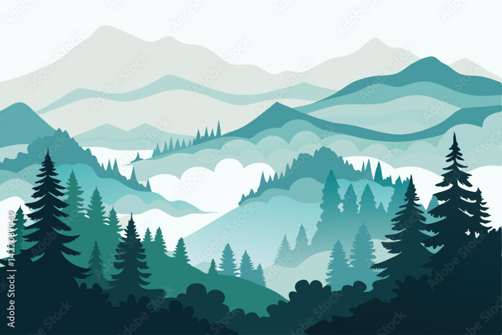 Fototapeta premium Foggy Hills with Pine Trees (Layered Effect)